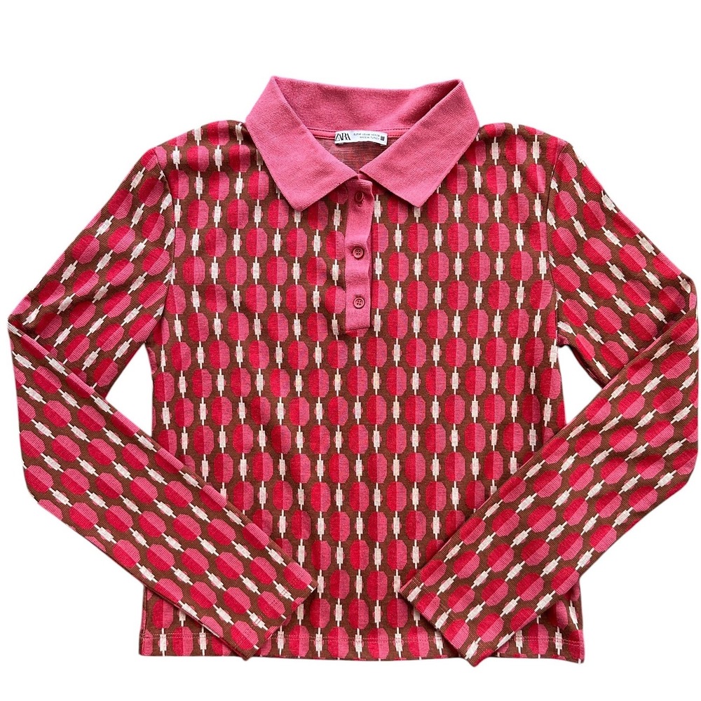 Zara Geometric Polo Shirt Womens Medium Pink Red Retro Long Sleeve Excellent